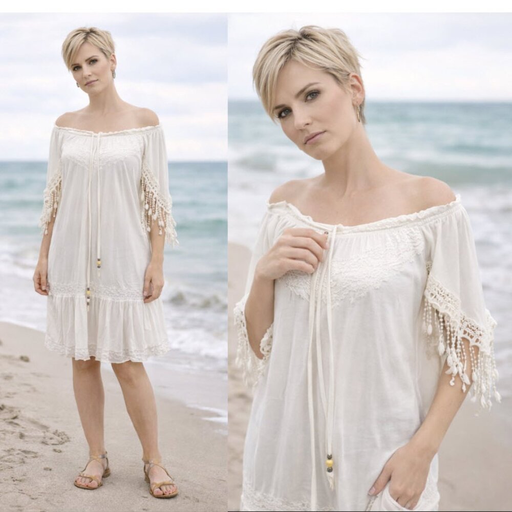 White Bohemian Fringe Dress Vanita Rosa size medium Resort Wear Beach Festival